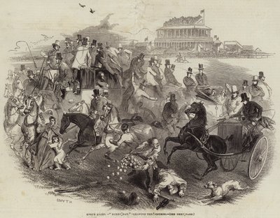 Epsom Races, "Derby Day", elhagyja a pályát (metszet) alkotó: English School