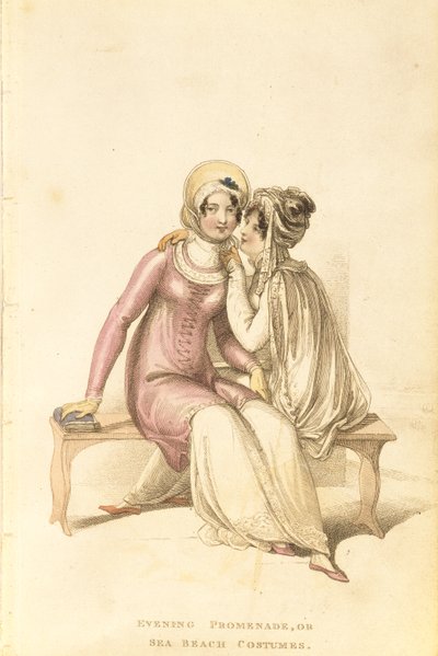 Estélyi, sétány vagy tengerparti kosztümök, divattányér az Ackermanns Repository of Arts-tól alkotó: English School