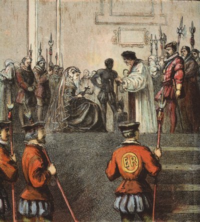 Mária, skót királynő kivégzése, kocsma. 1890 (színes litográfia) alkotó: English School