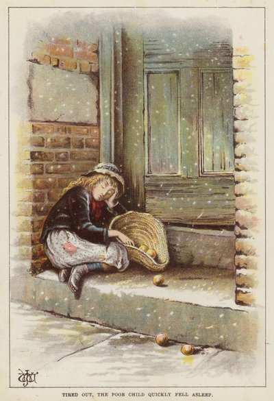 Kimerült gyermek alszik a küszöbön a hóban (chromolitho) alkotó: English School