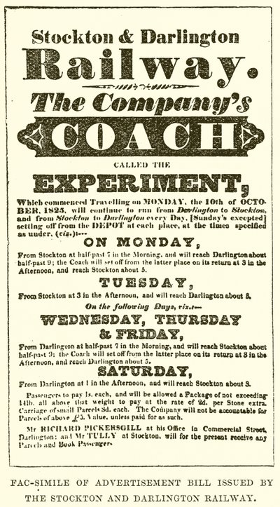 Fac-Simile of Advertisement Bill által kiadott Stockton and Darlington Railway alkotó: English School