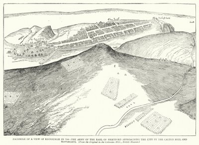 Edinburgh 1544-es látképe, Hertford grófjának serege közeledik a városhoz a Calton Hill és a Watergate mellett (metszet) (fakszimile) alkotó: English School