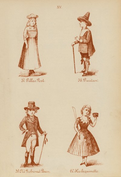 Jelmezes ruhák: Pillar Post, puritán, Old Fashioned Bean, Harlekinette (litó). alkotó: English School