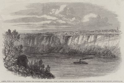 Farina, egy férfival a hátán, átkel a Niagarán egy kötélen, a Clifton House erkélyéről, 1860. augusztus 29. (metszet) alkotó: English School
