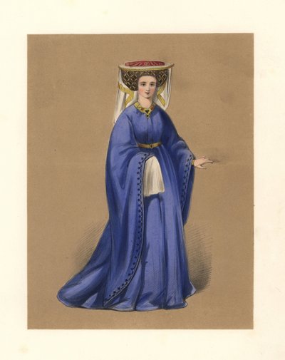 Divat IV. és V. Henrik király uralkodása idején, illusztráció a "Brit hölgyek jelmezei Első Vilmos korától Viktória királynő uralkodásáig" című könyvből alkotó: English School