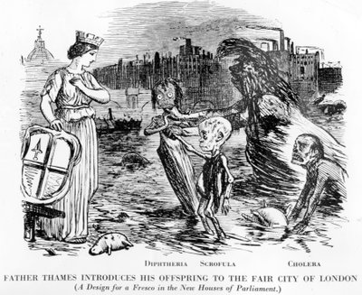 Thames atya bemutatja utódait a londoni Fair Cityben, az utódok diftéria, skrofula és kolera. Inkább nyílt csatorna, mint folyó, a londoni Temze undorító állama. alkotó: English School