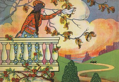 Fatima integet, hogy felhívja testvérei figyelmét (színes litográfia) alkotó: English School