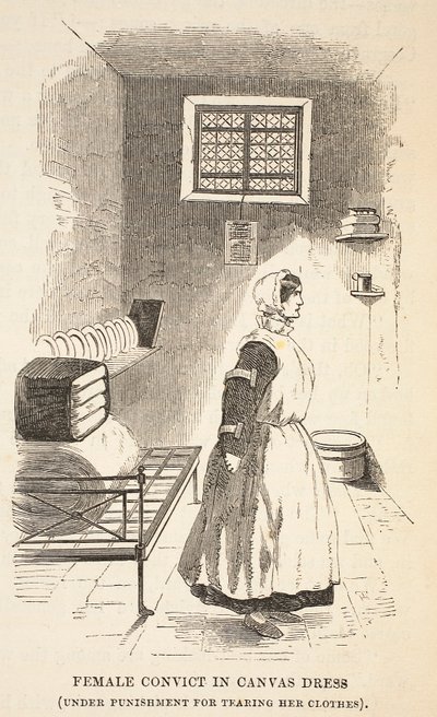 Női elítélt vászonruhában (ruha szakításáért büntetés alatt), illusztráció a londoni büntetőbörtönből, valamint Henry Mayhew és John Binny jelenetek a börtönéletből, kocsma. 1862 (engra alkotó: English School