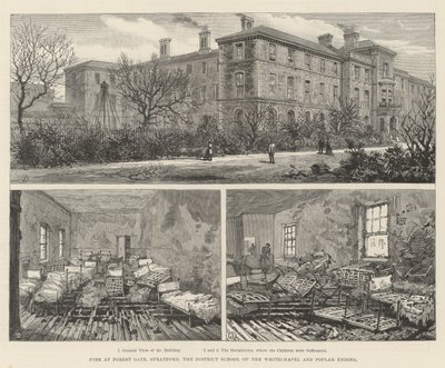 Tűz a Forest Gate-nél, Stratford, a Whitechapel Kerületi Iskola és a Poplar Unions (metszet) alkotó: English School