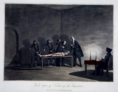 Az inkvizíció kínzásának első foka, vésette L.C. Stadler, kocsma. készítette: Cadell & Davies, London, 1813 körül (színes metszet) alkotó: English School