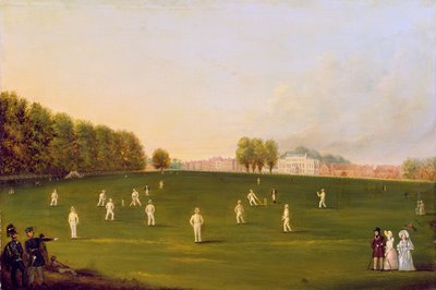 A Királyi Amatőr Társaság tagjai által játszott első krikettmérkőzés a Hampton Court Greenen, 1836. augusztus 3. alkotó: English School