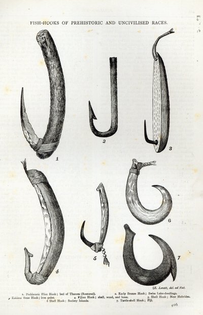 Őskori és civilizálatlan fajok horgai, a „Szabadidő órából”, 1888 (metszet) alkotó: English School