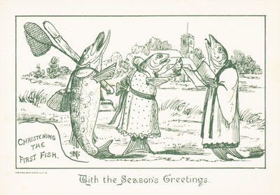 Fische in Kleidung singen, Weihnachtskarte von English School
