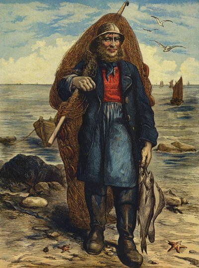 Halász, aki a hálóját cipeli, és a fogását tartja (színes metszet) alkotó: English School