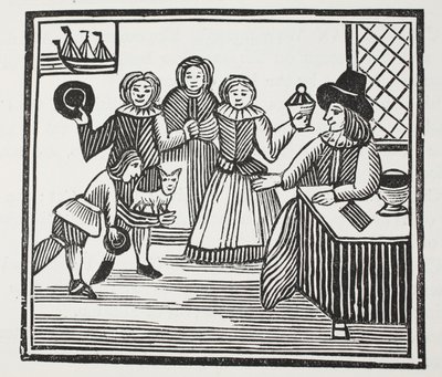 Fitzwarren fogadja a szolgái vállalkozását, illusztráció a Chap-books of the Eighteenth Century-ből, John Ashton, kocsma. 1882 alkotó: English School