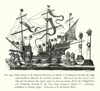 Úszó, amelyet V. Károly brüsszeli temetési menetén vittek, 1558. december 29-én, és célja tengeri nagyságának illusztrálása (metszet) alkotó: English School