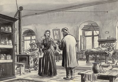 Florence Nightingale a scutari kórházban dolgozik (guache papíron) alkotó: English School