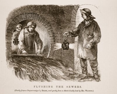 Csatornák öblítése, részben Richard Beard dagerrotípiájából, részben pedig Mr. Whiting által szívélyesen kölcsönadott vázlatból, Henry Mayhew illusztrációja a London Labor és London Poor című könyvéből. 1862 (lit alkotó: English School