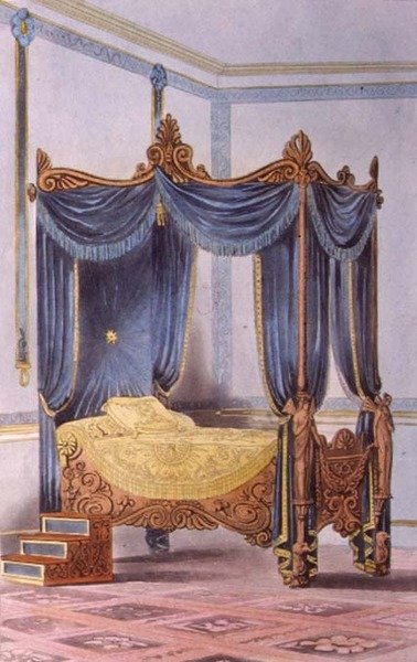 Baldachinos ágy, 186-os tábla Ackermann Művészetek, irodalom, kereskedelem, gyártás, divat és politika tárházából, 1828-ban (színes litó) alkotó: English School