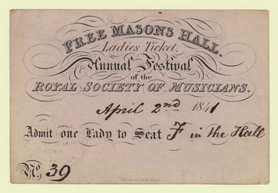 Ingyenes Masons Hall, női jegy, éves fesztivál, Royal Society of Musicians, 1841. április 2. alkotó: English School