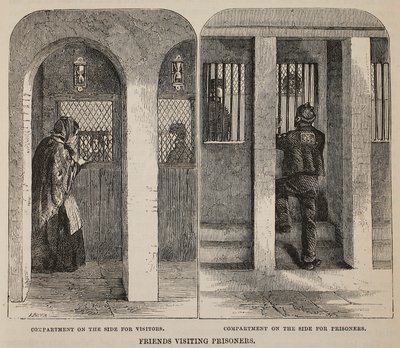 Foglyokat látogató barátok, illusztráció a londoni bűnügyi börtönökből és Henry Mayhew és John Binny jelenetei a börtönéletből, kocsma. 1862 alkotó: English School