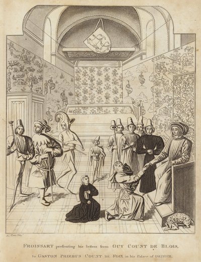 Froissart bemutatja Guy Court de Blois leveleit Gaston Phoebus de Foix grófnak Orthez palotájában alkotó: English School