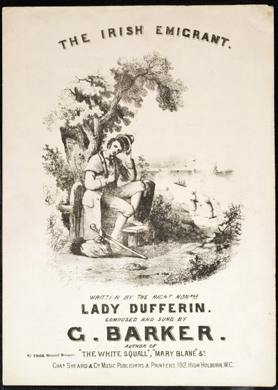 Az ír bevándorló kotta első borítója, írta Lady Dufferin, zeneszerző: G. Barker alkotó: English School