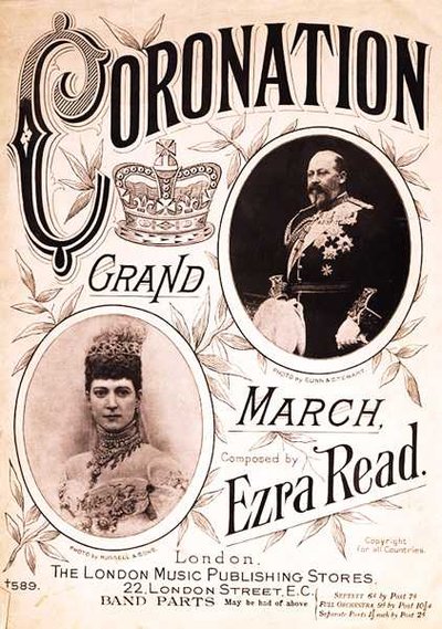 Az Ezra Read által komponált "Coronation Grand March" kottájának elülső borítója (litográfia) alkotó: English School
