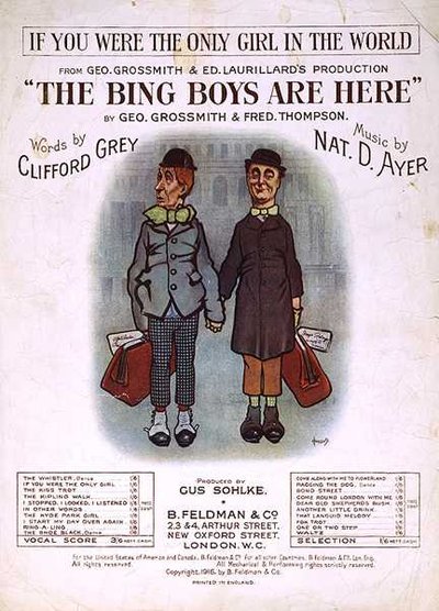 A „The Bing Boys are Here” kottájának első borítója, Geo Grossmith és Fred Thompson, szavak: Clifford Grey, zene: Nat D. Ayer (színes litó) alkotó: English School