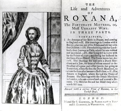 Az 1765-ben megjelent Daniel Defoe Roxana élete és kalandjai címlapja és címlapja alkotó: English School