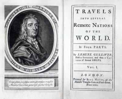 Jonathan Swift Gullivers utazásainak előlapja és címlapja, 1726 alkotó: English School