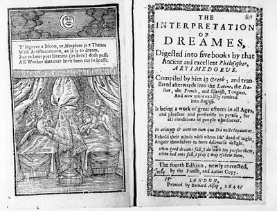 Az 1644-ben megjelent angol nyelvű, Artemidorus által készített álomfejtés előlapja és címlapja alkotó: English School