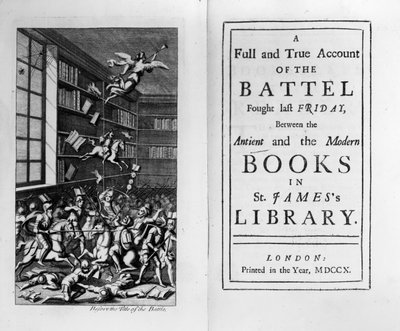 Az 1710-ben megjelent Jonathan Swift A könyvek csatája címlapja és előlapja alkotó: English School