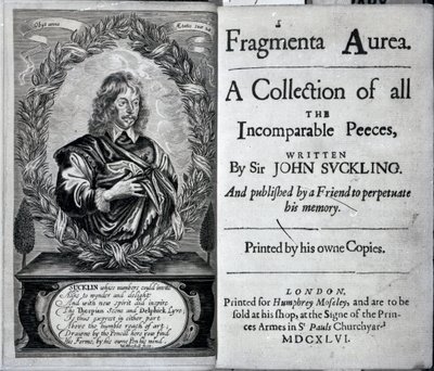 A Fragmenta Aurea előlapja, a Sir John Suckling által írt összes összehasonlíthatatlan darab gyűjteménye, 1646-ban megjelent alkotó: English School