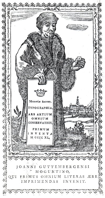 Johannes Gutenberg frontképe Philip Luckombe A nyomtatás eredetének és fejlődésének tömör történetéből, 1770-ben megjelent alkotó: English School