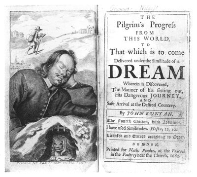 John Bunyan (1628-88) kocsma: The Pilgrims Progress frontispiece. 1680-ban alkotó: English School