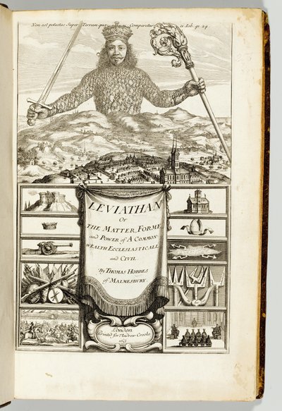 A malmesburyi Thomas Hobbes (1588-1679) előlapja a „Leviathan, avagy egy közös gazdagság anyaga, formája és hatalma, egyházi és polgári hatalma” című művéhez alkotó: English School