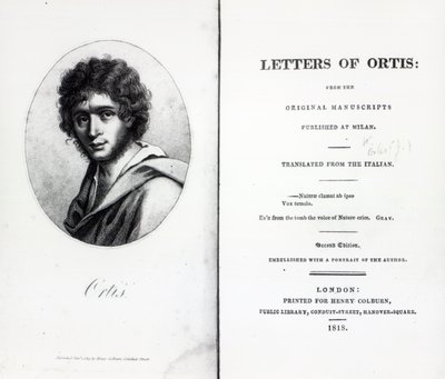 Niccolo Ugo Foscolo előlapja Ortis leveleihez, 1818-ban megjelent kiadás alkotó: English School