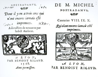 Frontispiece to The Prophecies of M. Michel Nostradamus, pub. írta: Benoist Rigaud, 1568 alkotó: English School