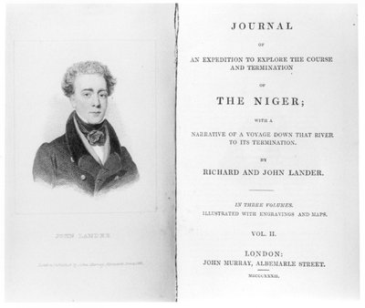 Richard és John Lander 1832-ben megjelent Journal of an Expedition to Explore the Course and Termination of the Niger of The Niger frontispiece 2. kötetéhez alkotó: English School