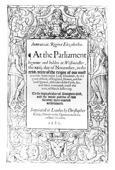 Erzsébet királynő 1584. november 23. és 1585. március 24. között tartott parlamenti beszámolójának előképe, Christopher Barker, 1585. alkotó: English School