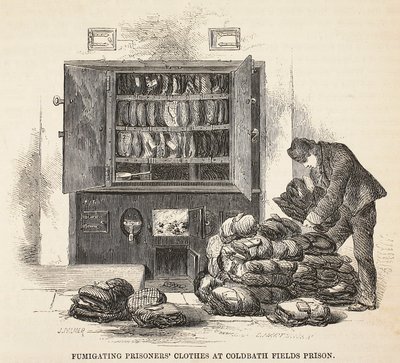 Fogolyruhák fertőtlenítése a Coldbath Fields-i börtönben, illusztráció a londoni bűnügyi börtönökből, valamint Henry Mayhew és John Binny jelenetek a börtönéletből, kocsma. 1862 alkotó: English School