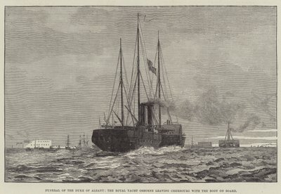 Albany hercegének temetése, az Osborne királyi jacht, a holttesttel a fedélzeten elhagyva Cherbourgot (metszet) alkotó: English School