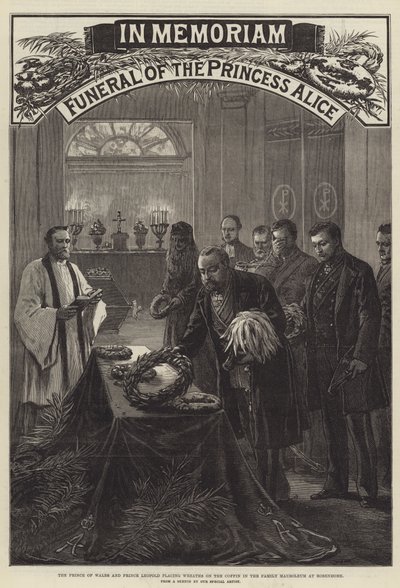 Alice hercegnő, a walesi herceg és Lipót herceg temetése, akik megkoszorúzzák a koporsót a Rosenhohe-i családi mauzóleumban (metszet) alkotó: English School