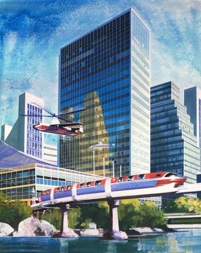 Futurisztikus egysínű sínpálya és helikopter alkotó: English School