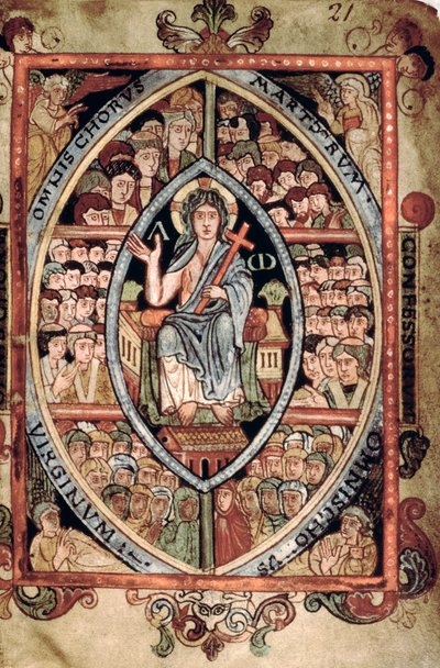 Galba A XVIII f.21r, Christ in Majesty, from the Athelstan Psalter, Old Minster, Winchester, 925-50 (vellum) alkotó: English School