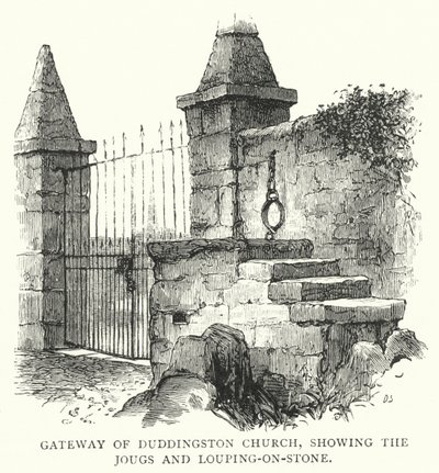 A Duddingston-templom kapuja, a Jougs és a Louping-on-Stone ábrázolásával (metszet) alkotó: English School