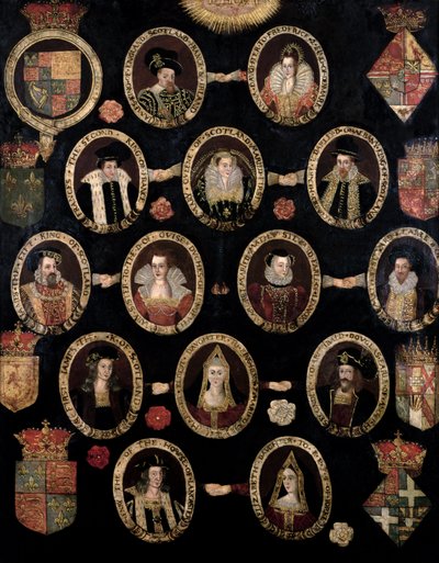 Genealógiai táblázat Stuart Mária, skót királynő (1542-87) és fia, VI. Jakab skóciai és én angol (1566-1625) Tudor gyökereit nyomon követve 1603 körül. alkotó: English School