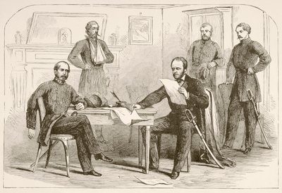 Joseph Eggleston Johnston tábornok átadja a hadsereget Tennessee-nek William Tecumseh Sherman tábornoknak (litho) alkotó: English School