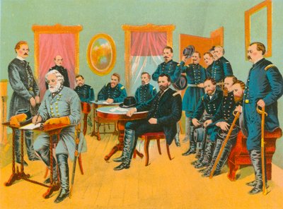 Lee tábornok aláírja a Grant tábornok által kidolgozott békefeltételeket alkotó: English School
